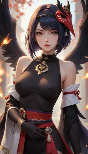 ultra-detailed, best quality, masterpiece, highres, original, extremely, jiu tiao, 1girl, kujou sara, solo, breasts, bird mask, yellow eyes, mask, gloves, mask on head, short hair, looking at viewer, sash, vision, genshin impact, detached sleeves, black gloves, wings, japanese clothes, bangs, tassel, black hair, bodysuit, wide sleeves, black bodysuit, black wings, swept bangs, <lora:jiutiaox_xl:1>, <lora:Animated_Concept:1>