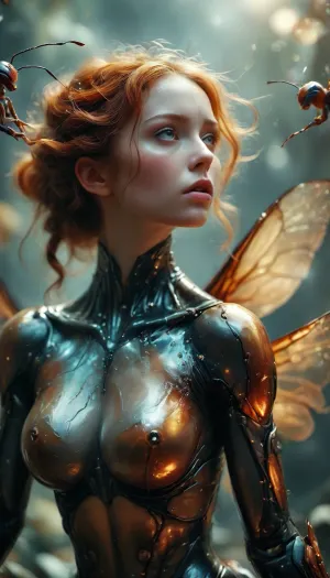 Macro shot of insects, Full body, ((18 years ginger submissive woman is living as a slave for a giant dominant ant)), shot on old film camera with film artifacts, ac_neg1, BadX, bee, mythsxl, ant, Stunning, Beauty, Bizarrely, Glorious, Giant, robot, looming, very, upset, Mystical, being, with, iridescent, wings, a, delicate, smoky, veil, hands, reaching, out, for, hug, <lora:MJ52:.8>, <lora:Midjourney Image Enhancer XL v1:.5>, <lora:mythsxl:.5>, <lora:Stunning_Beauty_XL-000009:.8>, <lora:dare_glorious_being:.8>