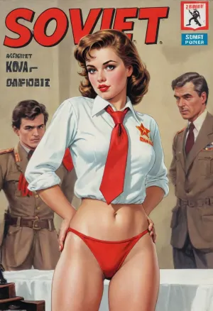 (single drawn girl:1.3), (illustration:1.3), (hand drawn:1.3), (erotic comic book cover:1.3), (TITLE text, "Soviet":1.3), (Soviet pioneer girl:1.2), Soviet pioneer girl 18yo, in a red scout tie, white blouse and panties, sexy random pose, sovietForm, sopi, <lora:iltromba_artwork_style_smm_SDXL_LORA_v07:.5>, <lora:text:1.1>
