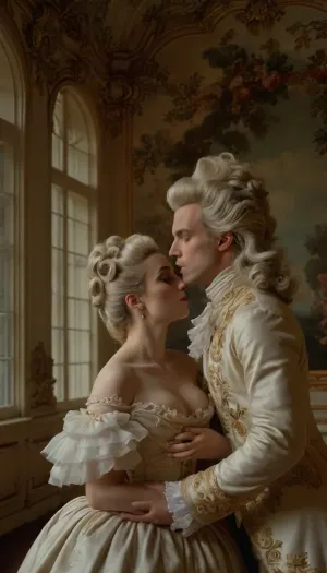 1man, 1woman, (Rude cavalier forces a frightened lady to kiss), Rococo Cinderella as glamorous opera star, elaborate gown, huge rococo hair, head and shoulders portrait, 18th, century, corset, lingerie, AH_Fragonard, rococo, french, painting, style, of, patten, Rococo, <lora:rococo:.5>, <lora:293943_training_data:.8>, <lora:tbh356-sdxl:.8>