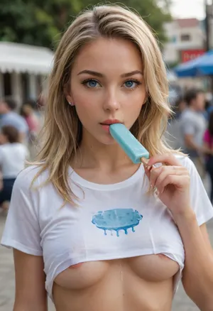 8k uhd, hyper realistic, (27 year old), blonde, stunning eyes, perfect mouth, (playful look), looking at you, (underboob), pierced nipples, (blank white t-shirt), perfect body, large round tits, realistic eyes, (sucking whole popsicle), (holding popsicle in hand), melting popsicle, 5 fingers on each hand, public, portrait, close up, <lora:attractive_notrigger:.7>, <lora:PerfectEyesXL:.7>