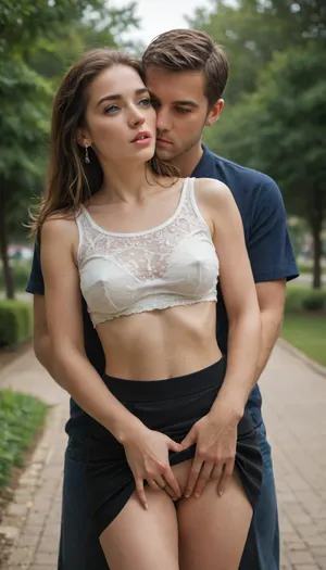 a muscularman and a woman kissing, park, standing, groping, skirt lift, fingering pussy, beautiful stocky 35 year old woman, perfect hourglass figure, straight brown hair, blue eyes, medium saggy breasts, woman dressed in black short skirt and white crop top