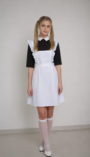 beautiful blonde 18 years old with ponytails woman, black dress, white apron, soviet schoolgirl, white lingerie, white shoes, high heels, lewddungeon, background white walls, suxl, <lora:suxl:.8>