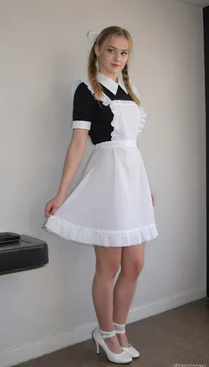beautiful blonde 18 years old with ponytails woman, white bows, black dress, white apron, soviet schoolgirl, white lingerie, white shoes, high heels, lewddungeon, background black walls, suxl, <lora:suxl:.8>