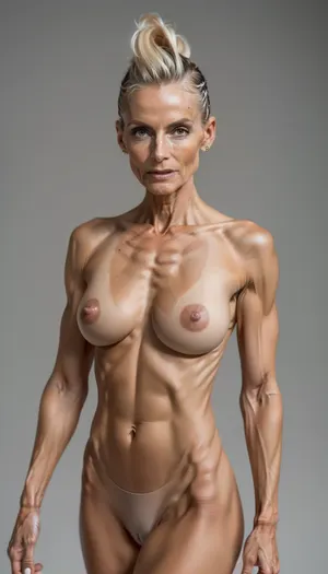 woman, portrait, nude, Decadent Northern European aristocratic lady, Mature woman, MILF-Diva, (55 years old:1.2), Very tall, skinny athletic body, ripcage showing, Aristocratic appearance, very deep dark fake tan, Face very narrow and elongated, Hermès horsebit leather belt and body harness, Waist chain, opulent jewelry, lots of anklets, Platinum blonde hair, mohawk updo hairstyle, long slim athletic legs, Visible skin pores, wrinkles, dimples, Sweaty skin, entire body pose, standing with Legs half spread, Showing her feet, raunchy, Ethereal, glamorous, Entire body in frame including legs, Teak wooden motorboat deck, bokeh, depth of field, natural light, sunny day, teasing photographer on a luxury Riva motor boat, ((skin with high detail)), high quality, detailed skin texture, ((realistic), sharp focus, insanely detailed, top quality), uberfit, muscular, athletic, perfect, eyes, blemish, detailed, dark, skin, <lora:FDSkinDetails:.8>, <lora:age_slider_v20:1.1>, <lora:weight_slider_v2:-2>
