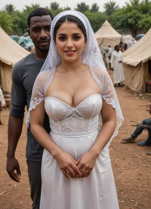 A happy sensual Iranian curvy Busty bride and cuckold groom standing hand in hand in front of an African refugee camp, interracial gangbang, creampied pussy, cum in pussy, heavy cum in pussy, . They are smiling warmly and appear supportive and compassionate. The man has short dark hair, light to medium skin tone, giant and very very large black penis, BBC, very large black cock, The woman is wearing a white luxury wedding dress and headscarf, has fair skin, and a friendly expression. Behind them is a simple refugee camp with tents, modest shelters, and a few African muscular angry man the background. The atmosphere is hopeful, peaceful, and filled with a sense of solidarity and kindness., ral-frozenslime, <lora:dAIversityUnderstandingXLRealistic:1>, <lora:ral-frozenslime-sdxl:2>, <lora:AzaleaXL2:1.2>