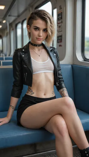 solon woman, 38 years old, emo-punk style, dide cut, tattoos, piercing, light hair, brown eyes, skinny, white translucent top, short black skirt, small leather jacket, flat chested, medium ass, sitting on a train in front of me, wet white cotton panties, thighs just a little apart, slightly hairy pussy, flirty smile, looking me in the eyes