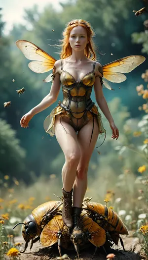Macro shot of insects, Full body, ((18 years ginger woman ride on a giant bee in the air)), shot on old film camera with film artifacts, ac_neg1, BadX, riding, on, a, bee, <lora:MJ52:.8>, <lora:Midjourney Image Enhancer XL v1:.8>, <lora:hyperkraximalism_v1-1:.4>, <lora:riding_on_a:.8>