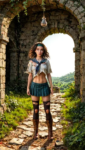 `Post-apocalyptic scene with nature reclaiming medieval ruins, ivy-covered stone castles, collapsed wooden watchtowers, overgrown cobblestone paths, and distant remnants of a shattered city with crumbling cathedrals. A weary woman in ragged, dirt-streaked clothing—patched woolen tunic, frayed cloak with a corroded clasp, scuffed leather boots—walks through a field of wild grass, her garments torn and stained with grime. She carries a dented copper flask, her face smudged with ash, sunlight filtering through haze to highlight the decayed landscape. 8k resolution, hyperrealistic textures, (weathered stone, matted fabric, oxidized metal), cinematic HDR lighting blending muted browns and gray-green tones, anti-aliasing, depth of field focusing on her figure against the ruins, ray-traced mist, lossless PNG format.`, 1girl, spdbdl, black, hair, long, floating, white, eyes, no, pupils, blue, skin, bandages, injury, navel, sarashi, barefoot, open, mouth, short, headband, pleated, skirt, school, uniform, shirt, thighhighs, torn, clothes, blood, on, cav_rdrguarma, ruin, beach, jungle, daytime, sunset, nighttime, HuntressDBD