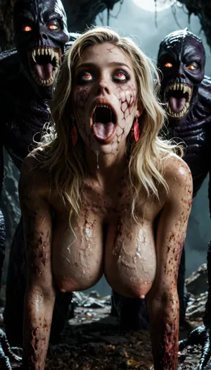 (ultimate realism:1.5), beautiful innocent shy girl, on all fours, ((violently fucked from behind and in her mouth by gigantic scary horror nightmare shadow monsters:1.4), two gigantic monsters, two monsters, two, exposed breasts, slender body, blonde long messy hair, moaning, mouth opened, (large natural breasts), puffy nipples, (in a dark slimy cave), eerie, foggy), <lora:dark:.8>