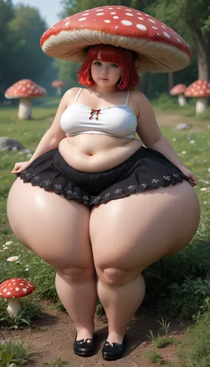 Cute chubby woman, (plump:1.3), chubby, massive ass, curious, relaxing on a giant mushroom, spikey red hair, pale white skin, (hyper ass:1.4), Full length skirt