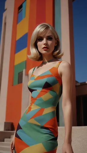 ziprealism, (avant-garde 1960s fashion esthetic, chic fashion, retro fashion photography, seductive pose, vibrant, stylish, high saturation, bold colors, tight dress:1.6), (intimate analog snapshot esthetic, sharp focus, medium full shot, low angle view, focus on eyes:1.8), (ash blonde hair, perfectly styled hair, permed hair:1.6), (outside home, colorful architectural backdrop, geometric:1.6), (analog photography, 35mm lens, f/4), (masterpiece, best quality, 8k, RAW photography, award-winning, uncompressed, maximum quality), (professional color grading), (softly blurred background, soft bokeh), (natural skin texture, realistic skin details, subtle vellus hair), (maximum clothing detail), (maximum hair detail, natural hair texture), (perfect eyes, maximum eye detail, expressive eyes, realistic eye texture:1.4)