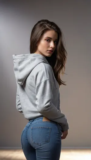 masterpiece, award winning photo, detailed face, realism, passion, lust, ultra realism, UHD 8K, extreme realism, maximum detail, best quality, skinny petite body, perfect ass alive, petite round perky ass, detailed skin, pale, focus on ass, perfect shadows, perfect lights, detailxl, Full length young caucasian girl leans forward holding her hands behind back looking at camera in studio. Brunette with flying hair wear hoodies, jeans and sports shoes, <lora:add-detail-xl:.8>