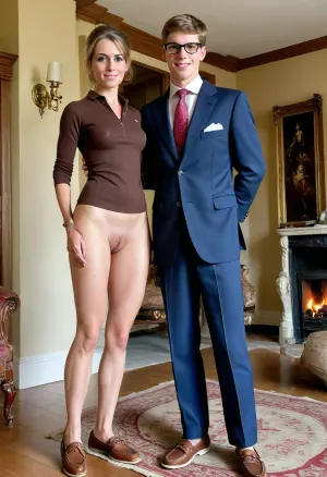 ((swinger hotwife mature women and boy)), DYNAMIC POSE, FULL LENGTH PICTURE, full body visible, (dildos and wips in hands), --------------------

One wealthy, (English), mature adult porn model and boy kissing each other.

In the background is the, (fireplace of an opulent English castle), with English hunting dogs at her sides.


English upper-class wive, JanB, Jan Burton, 50 years old, athletic-anorexic slim build, tall, blasé, high cheekbones, long nose with hump, dark blond hair, gray streaks, (hair pulled back tightly in a bun), humorless, sadistic, Carelessly wearing a, (long brown cashmere sport coat), thin glasses, dildo in hand., (((boat shoes))), preppy, 1boy, 18 year old naked boy, woman tease and stroke his penis, uberfit, muscular, athletic, stephruhl, cayetano, style, <lora:barbiefy:1.5>, <lora:uberfit_lora_sdxl:.4>, <lora:1493242_training_data:.8>, <lora:cayetano_style_3250_lora_f32:.6>, <lora:276883_training_data:2>