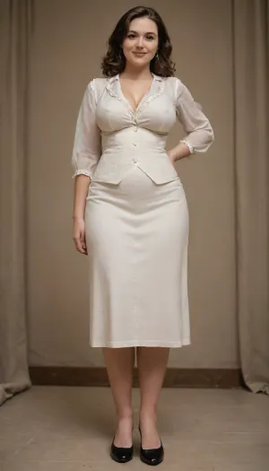 a photo of a beautiful fully clothed 20yo woman, perfect massive natural breasts, erect nipples, brown hair, big wide hips, sylish shoes, feet, professional photo, studio shot, (low contrast:1.1), (simple background:1.2), view from below, she is looking down at the camera, smile, victorianstyle, <lora:victoriansxl_v1:1>, in an english victorian house lounge