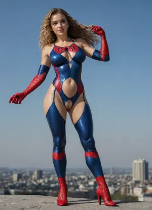 ((cute petite)), (busty:1.3), ((tall athletic)), ((red and sky blue one-piece, ((spiderman)), , , high crotchless with belly latex swimsuit:1.5), latex high gloves, latex high heel ballet boots), front view, full body view, she pose for the camera, 18 years old, tanned skin, long hair, (blue eyes), ((((big natural boobs)))), (large hips:1.3), vivid color, bright, blue, eyes, SpidermanStyle, <lora:bright_blue_eyes:2>, <lora:580159_training_data:.5>, <lora:SpidermanStyleSDXL:.7>