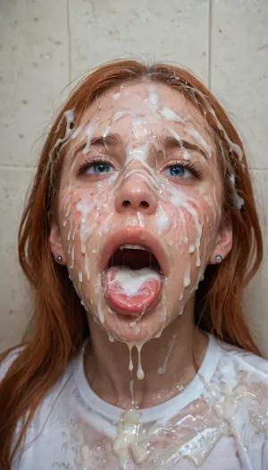 realistic cum, (cum on clothes:1.4), cum on, (Cum flows:1.5), (cum on body:1.4), cum on hair, (cum on face:1.7), bukkake, ((Clothes and body covered with semen)), (mouth wide open:1.4), (mouth filled with cum:1.5), beautiful face, (cum on hair:1.3), cute ginger woman, cum, on, face, <lora:JustCum:1.4>, <lora:678016_training_data:1.9>, <lora:cum_in_eye_deepmind:1.4>