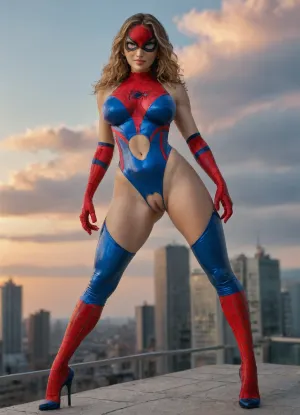 ((cute petite)), (busty:1.3), ((tall athletic)), ((red and sky blue one-piece, ((spiderman)), , , high crotchless with belly latex swimsuit:1.5), latex high gloves, latex high heel ballet boots, spidermen masks), front view, full body view, she pose for the camera, 18 years old, tanned skin, long hair, (blue eyes), ((((big natural boobs)))), (large hips:1.3), vivid color, bright, blue, eyes, SpidermanStyle, <lora:bright_blue_eyes:2>, <lora:580159_training_data:.5>, <lora:SpidermanStyleSDXL:.7>