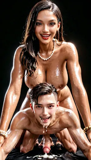 An ultra realistic, high detailed photo, black room, black background, (slender and slim latina futanari with black stocking and medium black bobcut hair on male), latina, femdom, futa fuck white man analy, futa pegs male, doggy style, cumming, mega massive futa dick, mega big heavy black futa balls, gigantic breasts, perfect slender body, slim waist, tanned skin, massive milky breasts, big hoop earrings, several fine gold and pearl necklaces, several fine gold and pearl bracelets, black eyes, brown eyes, full and plump red lips, looking at viewer, laughing, (wet skin, oiled skin, cum covered skin), <lora:209970_training_data:.9>, <lora:287175_training_data:.9>