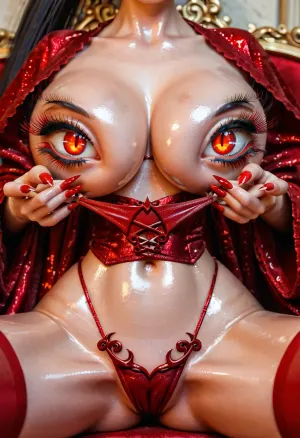 miniature girl, (demon:1.5), close-up, long ponytail, shiny skin, red eyes, (Long lashes:1.2), red lipstick, beautiful detailed face, manicure, Long nails, looking at viewer, (narrow waist), clutching, big breasts, Legs spread, (Paradise pleasure), Pulling, red stockings, shiny bikini, shiny robe, in red castle, red chair, front view, best quality