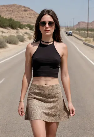 (masterpiece, best quality:1.2), 1 caucasian 25yo woman, (she wears a black halter top and short brown and beige skirt with diamond pattern:1.4), outdoors on a highway, clothes and hair are dirty and dusty, (long straight raven hair with middle parting:1.2), she wears no bra, she wears dark sunglasses, photorealism, Wearing, clothes, that, make, sense, with, Braless>, <lora:bralessSDXL_v1_00022:.5>