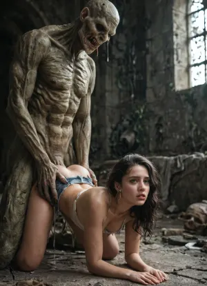 High detailed, high resolution, high quality, high realistic, horror monster, fucks a 25yo woman, big cock, stands doggy style, on his knees, clothes torn, lots of female monsters around, holds by the hair, ruins castle, Perfect face, closed mouth