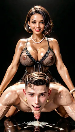 An ultra realistic, high detailed photo, black room, black background, (slender and slim latina futanari with black stocking and medium black bobcut hair on male), latina, (femdom, futa fuck white man analy, futa pegs male, doggy style), cumming, mega massive futa dick, mega big heavy black futa balls, gigantic breasts, perfect slender body, slim waist, tanned skin, massive milky breasts, big white pearl earrings, several fine gold and pearl necklaces, several fine gold and pearl bracelets, black eyes, brown eyes, full and plump red lips, looking at viewer, laughing, wet skin, oiled skin, cum covered, sexy see thru nightie, <lora:209970_training_data:.9>, <lora:287175_training_data:.9>
