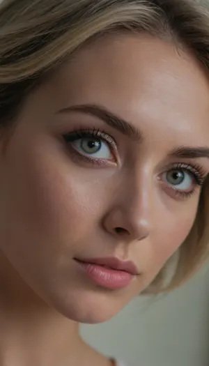 zip realism, (elegant aesthetic, inspirational aesthetic, angel:1.4), (loving woman, delicate features, extreme feminine features, hyper feminine features:1.5), (sense of intimacy:1.4), (breathtaking woman's face, sharp focus, focus on eyes, loose closeup, intimate face portrait, three-quarter view:1.5), (soft welcoming smile, compassionate expression, charismatic:1.3), (intricate eye details:1.6), (pale grey eyes, captivating eyes:1.6), (long delicate eyelashes:1.5), (perfectly applied eyeliner, immaculate makeup:1.4), (voluminous short cut hair, ash blonde hair with dark highlights, stylish textured hair cut, loose strands of hair, swept back hairstyle:1.4), (shallow depth of field, softly blurred background:1.3), professional color grading, (natural skin texture, realistic skin details:1.2), (intricately detailed hair), (perfect eyes, expressive eyes, detailed eyes, limbal ring, detailed iris texture, realistic eye texture), (natural hair texture), (subtle skin imperfections, subtle vellus hairs:.4)
