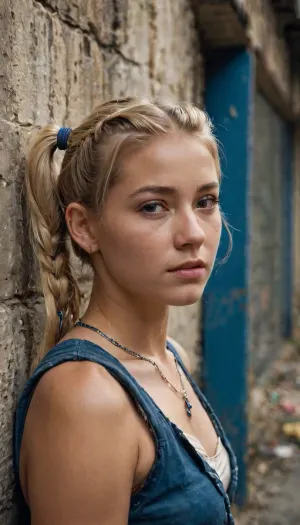 dirty homeless woman beautiful blonde 18 years old with ponytails woman, lewddungeon, background walls, breastclamp, <lora:breastclamp_SDXL_reg0_03s:.5>