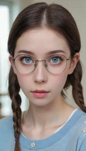 (((The whole body is visible))), nude, (photo taken in class), (((round thin-rimmed glasses))), (((narrow low face))), young face, Super realistic, perfect lighting, (best shadow), 8K, UHD, clear image, (best lighting), highest quality, ultra-detailed images, fine details, high resolution, 8k, (skinny waist), (skinny), Euro-American, (18 years old), bright blue eyes, dark brown hair, pigtails, very detailed face, blush, white skin, tt_flat, BJ_Oxygen, krnpp, <lora:reallora1:.5>, <lora:Oxygen girl_SDXL1.0:.5>, <lora:karina_sdxl_v10:.5>