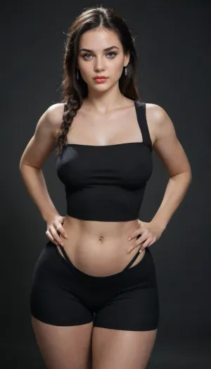 beautiful slim fit 25 y. o. Russian black haired girl, big implant breast, black background photostudio, long hair in braid, (((big implant breast:1.3))), (((wide hips:1.7))), (((thick thights:1))), highly detailed breast, studio lights, eyeshadow, eyelashes, eyelines, Ladies Women Boob Tube Bandeau Crop Vest Top Bra Girls Summer Mini Crop Top, hands on hips