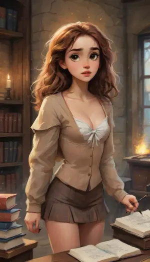 (Hermione Granger, Celtic face, beautiful, (((large brown eyes))), (((frizzy wavy auburn hair))), (((puffy lips))), extremely skinny body, small body, (perky tits, small pointed breasts:1.5), puffy erected nipples, thin waist, narrow slender hips, slender long legs, perfect smooth knees), button-up shirt, grey blazer, tie, tartan miniskirt, (Hogwarts uniform), open black Hogwarts cloak, magic wand stick in left hand, mediewal library with books stacked on tables, nearby burning fireplace, bookshelf in view, (full-length image:1.3), (fantasy art, artwork, sharp lines, flat colors), (single drawn girl:1.3), (illustration:1.3), (hand drawn:1.3), Drawing, <lora:samdoesarts1.1-000030:.4>, <lora:Animated_Concept:.4>