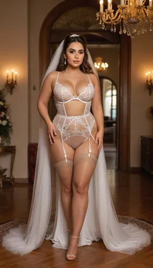 iranian super curvy sexy chubby Busty Bride, curvy body, A highly realistic and seductive bridal gown, inspired by lingerie design. The dress features a bold underbust cutout, partially covered with sheer nude mesh for a sensual look, revealing the lower curve of the breasts without full nudity. The hips and sides are made from transparent lace panels. The skirt is floor-length, made of flowing white tulle with a slight train. The bride is curvy and full-bodied, with the dress tightly hugging her figure. She wears a long, delicate bridal veil. The scene is inside a luxurious Iranian wedding hall, decorated with golden chandeliers and flowers. Photorealistic, soft lighting, fashion photography style., underb00bhalter, bikini, swimsuit, RealTanFFStocking, <lora:triangle-bikini-XL-000006:1.2>, <lora:RealTanFFStocking_XL:1.2>