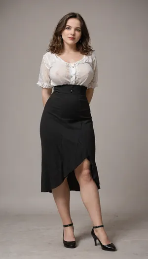 a photo of a beautiful fully clothed 20yo woman, perfect massive natural breasts, erect nipples, brown hair, big wide hips, sylish shoes, feet, professional photo, studio shot, (low contrast:1.1), (simple background:1.2), view from below, she is looking down at the camera, smile, victorianstyle, <lora:victoriansxl_v1:1>, in an english victorian house lounge