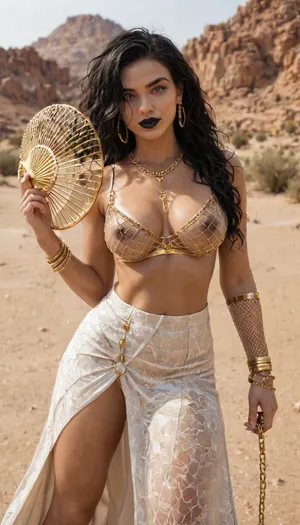 25yo brunette, pale skin, tanlines, black lips, expressive pink eyes, black hair covering 1 eye, gilver bangles, gold jewellery, gold rings, (gold indian nose ring long chain), in the desert, holding ornate golden fan with crystals embedded, black nipples, golden body chains, golden fishnet foot covers, golden fishnet arm covers, (gilver fishnet bra), big tits, (wearing long white high slit skirt), (white high skirt)