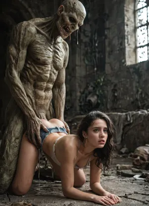 High detailed, high resolution, high quality, high realistic, horror monster, fucks a 25yo woman, big cock, stands doggy style, on his knees, clothes torn, lots of female monsters around, holds by the hair, ruins castle, Perfect face, closed mouth