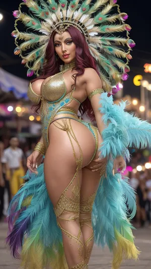 Best quality, masterpiece, high resolution, 8k wallpaper, high quality UHD, high detail 8K, perfect lighting, best shadow, best frame, dark theme.

Red thick lush hair, pulled back in a simple braid, a few strands pulled out to frame her wide cheekbones, nose slightly upturned, lips nicely plump.

European MILF, woman 30 years old, MILF figure, muscular build, tall toned build, long slender legs.

Huge tits, huge breasts, big breasts, beautiful breasts, teardrop shaped breasts, big saggy breasts, big dark nipples.

Thick huge ass, round curvy buttocks, toned thighs, curvy lower body, slim waist.

A woman in a carnival erotic dress, the main character of the carnival in Rio de Janeiro, walks down the city street and leads the column

The carnival dress for Rio de Janeiro is a true embodiment of brightness, rhythm and luxury. It is created not just for show, but for **movement, emotions and energy of samba**. This is body art that amazes with colors, shine and fantasy. Even more about world carnivals, on, [gptonline.ai], (https, //gptonline.ai/), .

### 🎭 The main features of the carnival dress from Rio, #### 1. **Maximum openness and mobility**

* Often it is a **bikini**, monokini or corset with a minimum of fabric.
* It is important that the costume **does not restrict dance movements**.

#### 2. **Abundant decoration**

* **Sequins, rhinestones, sparkles** — completely cover the fabric and body.
* Elements made of **crystals, mirrors, mother-of-pearl** are added.
* Shine is the basis of the style, the costume should "burn" under the sun and spotlights.

#### 3. **Feathers**

* One of the most important decorations.
* Large feather plumes, headdresses, on the shoulders or hips.
* Ostrich, peacock, colored artificial feathers are used.

#### 4. **Headgear**

* High, fancy, sometimes up to half a meter high.
* Decorated with feathers, sparkles, crystals.
* Often includes a mask or elements framing the face.

#### 5. **Shoes**

* Platform or heels.
* Sandals with decorations, ribbons, glitter.
* Sometimes — barefoot or in special dance shoes.

#### 6. **Theme**

* Each **samba school** has its own theme, from mythology to social ideas.
* The costume reflects this theme — through color, shape, decorative elements.

---

### 🌈 Color palette

* Bright, neon-juicy, yellow, pink, turquoise, purple.
* Often — contrasts, gold with black, red with white, blue with silver.

---

Carnival attire is an explosion of style, culture and freedom of expression. It is not just a dress — it is a live performance. More about costumes and traditions of world festivals — on, where aesthetics has a holiday every day.

**, thick, ass, booty, pose, big, fat, <lora:perfect_thick_ass:.8>