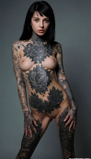 woman with blackwork tattoos on all her body, nude, covered in tattoos, blackout tattoo