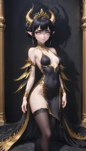 1 beautiful elf noble woman posing in the darkness, ((purple moonlight)), (older looking:2), long pointy ears, (dark black shadow style:2.5), ((golden elven tiara with 2 large horns)), wide angle, front view, (evil expression:1.3), small head, black hair, ((hair in a bun)), pale skin, (black stockings:1.2), (black armored dress with gold trim), gold pauldrons, (fully clothed), white eyes, (petite body:2), medium breasts, bubble butt, (thin petite legs), (perfect face), perfect small eyes, elegant elven castle at night, sam, yang, <lora:MJ52:2>