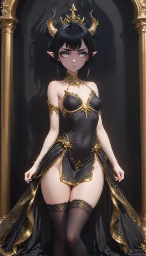 1 beautiful elf noble woman posing in the darkness, ((purple moonlight)), (older looking:2), long pointy ears, (dark black shadow style:2.5), ((golden elven tiara with 2 large horns)), wide angle, front view, (evil expression:1.3), small head, black hair, ((hair in a bun)), pale skin, (black stockings:1.2), (black armored dress with gold trim), gold pauldrons, (fully clothed), white eyes, (petite body:2), medium breasts, bubble butt, (thin petite legs), (perfect face), perfect small eyes, elegant elven castle at night, sam, yang, <lora:MJ52:2>