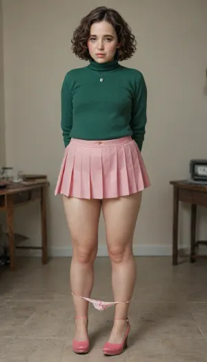 shy 25 year old girl, full body shot, (very embarrassed), (tears on her cheeks), (room with cheap desk), (pink platform high heels), ((well-built figure with slightly chubby legs)), (normal upper body), (short girl), (short brown wavy hair), (curly bobcut), (short dark brown hair), ((standing insecurely)), small breasts, flat chest, (dark green cashmere pullover:1.1), (dark green jumper), (emerald pullover), (flashing tits), (perfectly fitting pink pleated micro skirt, fully covering her:1.5), thick pale legs, normal upper body, (woman with panties around her knees:1.5), (hands behind back), (skirt on thighs), (well-built upper body), buxom, microskirt, extremely, short, skirt, <lora:MicroSkirt_XL:.8>