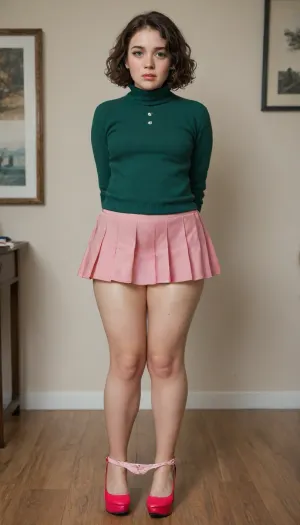 shy 25 year old girl, full body shot, (very embarrassed), (tears on her cheeks), (room with cheap desk), (pink platform high heels), ((well-built figure with slightly chubby legs)), (normal upper body), (short girl), (short brown wavy hair), (curly bobcut), (short dark brown hair), ((standing insecurely)), small breasts, flat chest, (dark green cashmere pullover:1.1), (dark green jumper), (emerald pullover), (flashing tits), (perfectly fitting pink pleated micro skirt, fully covering her:1.5), thick pale legs, normal upper body, (woman with panties around her knees:1.5), (hands behind back), (skirt on thighs), (well-built upper body), buxom, microskirt, extremely, short, skirt, <lora:MicroSkirt_XL:.8>