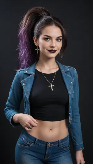 Beautiful girl, purple coloured hair in high ponytail, supermodel face, black eyeshadow, eyeline, black lipstick, ring earrings, cross necklace, crop top, black background studio, blue neon lights, blue jeans jacket, smirk, photo pose, (((3/4 view)))
