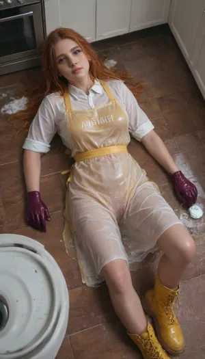 long ginger haired cute 40 year old woman laying down on tiled industrial kitchen floor, dishwasher, dishes, wearing a white buttoned shirt, white miniskirt, (fully wet clothes:1.5), (fully wet hair:1.3), washing, foam, soap bubbles, (see-through:1.5), yellow boots, (rubber apron:1.5), rubber gloves, (foam on body:1), saggy tits, erect nipples, cleaning, (wet skin:1.1), sponges, brushes, buckets, (finger in vagina:1.4), other hand on boobs, wet vagina, detailed vagina, clitoris, close up, masturbation, wet pussy, Cinematic still, 4k epic detail, shot on kodak, 35mm photo, sharp focus, epic, gorgeous, score_9, score_8_up, score_7_up, rating, explicit, eyes staring at viewer