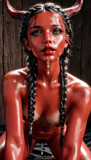 Medieval bedroom, Extreme cute pretty black haired tiefling woman with dark reddish skin, (with horns:1.3), slim fit perfect hourglass body shape, naked oiled body, (slim arms and legs:1.2), small perky breasts, (classic prelonged black eyeliner, eyes look larger because of the eyeliner style:1.5), realistic skin, detailed skin, detailed face, detailed eyes, 8k, hd, realistic, realistic face, natural face, masterpiece, glossy lipstick, deep red lipstick, trimmed pubic hair, she poses for the viewer, very sexy, red skin colour, oiled, cum in pussy, (braided hairstyle with loose strands framing the face:1.4), oral sex