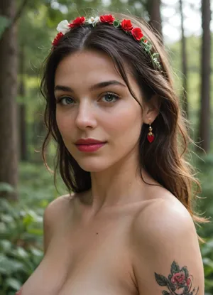 snow white in the forest, naked, wreath on head, big boobs, red lips, sexy smile, tattoo, highly detailed realistic image, photorealistic portrait, perfect detail, 8k, studio lighting, depth of field, warm colors, sensual gaze, candid pose, lush vegetation, sun rays, fantasy landscape, professional work of digital artist