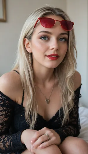 Beautiful girl, platinum blonde long hair, model face, black eyeshadow, eyeline, red lipstick, ring earrings, necklace, mesh long sleeve, morning, (((3/4 shot))), (((happy expression))), photo pose, sitting on brench, red sunglasses, relaxed