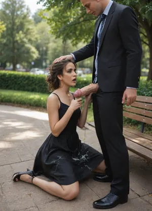 brunette woman in black formal dress sits on a bench in the park, a man standing infront of her with his pants down to his knees, has his huge big cock out and masturbates infront of the woman, big large penis, massive cock
the womans dress is covered in large chucks of cum, massive cumshot, cum on clothes