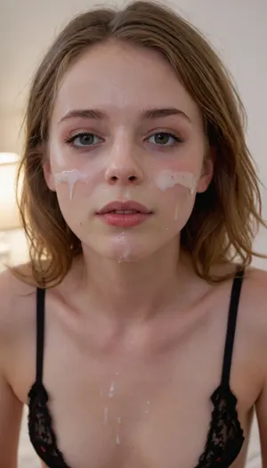 snapshot photography of a young girl, petite, heated red cheeks, shoulder-length light-brown hair, small breasts, black lace-bralette, in her girly bedroom, (thick white cum on face:1.3), after her first blowjob, first facial. cum, on, face, <lora:JustCum:1.2>
