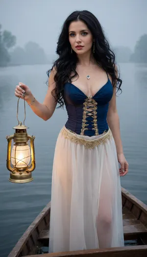 Picture is of a Beautiful 30 yo woman with very long black wavy hair, (black_hair), large round perfect perky tits, hip length hair, long hanging blue sapphire pendant hanging from a gold chain between boobs, blue sapphire painted nails, earrings, bracelets, rings bangles, shiny armbands, jewelry, she wears a wispy light see though gown. She is standing on a small rowboat holding a lantern a head of her. The water is perfectly calm and there is a dense fog bringing an eerie mood to the scene. Pale ghosts fallow in her wake